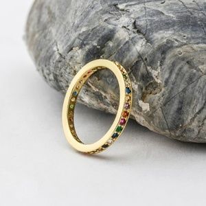 Gold Ring Womens Eternity Rainbow Crystal New‎ Dainty
